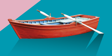 rotes Boot vor rosa-türkisenem Hintergrund