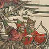 Farbige Druckgrafik von Albrecht Dürer mit vier bewaffneten Reitern (Ausschnitt)