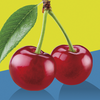 Zwei rote Kirschen vor gelb-blauem Hintergrund