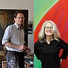Bildcollage Wolfgang Müller-Jakob und Gloria Gans in ihren Malerateliers vor ihren Kunstwerken
