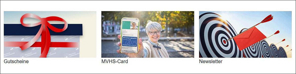 Fotos: hier sieht man die drei Kachelbilder für Gutschein, MVHS-Card und Newsletter