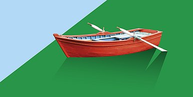 Bild rotes Ruderboot vor grün-blauem Hintergrund