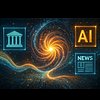 stilisierter Sternenwirbel auf schwarzem Hintergrund mit Schrift "AI" und "News" und einem antiken Tempel 