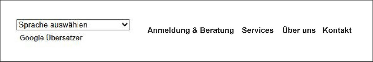 Foto: Kopfleiste mit Schaltflächen Google-Übersetzer, Anmeldung & Beratung, Services, Über uns und Kontakt.