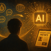 Grafik: Junger Mann von hinten mit Symbolen "AI" und "Personalized News"
