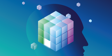 bläulicher Rubik-Würfel vor blauem Schattenkopf