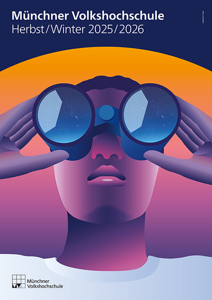Cover MVHS Herbst/Winter 2025/2026: Person mit Fernglas