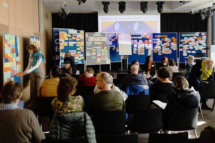 Großer Vortragssaal mit Publikum und Pinnwänden voll verschiedenfarbiger Moderationskarten