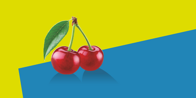 Grafik: zwei rote Kirschen vor gelb-blauem Hintergrund