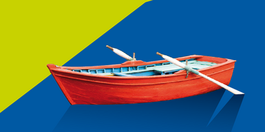 Grafik rotes Boot vor gelb-blauem Hintergrund