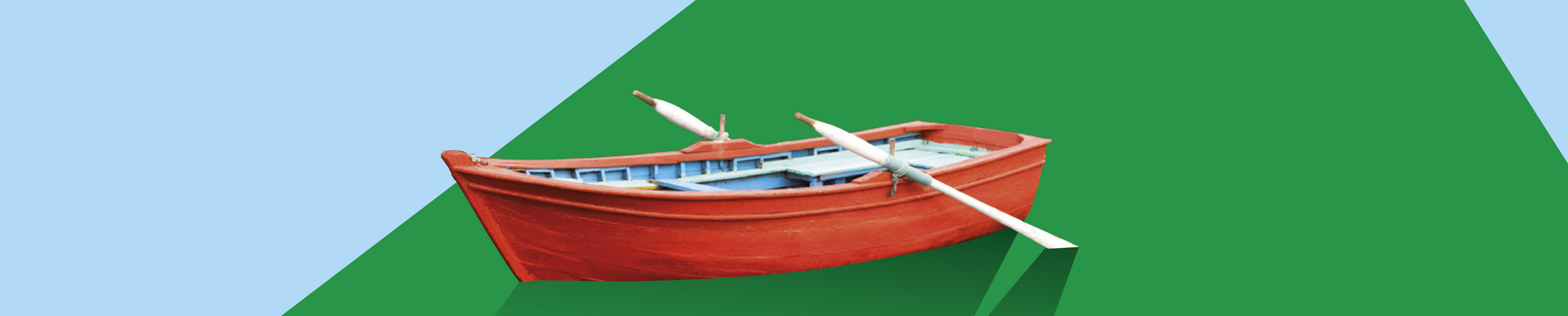Bild rotes Ruderboot vor grün-blauem Hintergrund