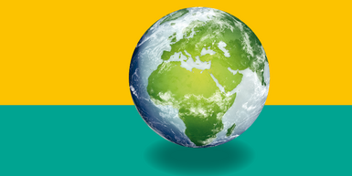 Weltkugel vor gelb-grünem Hintergrund