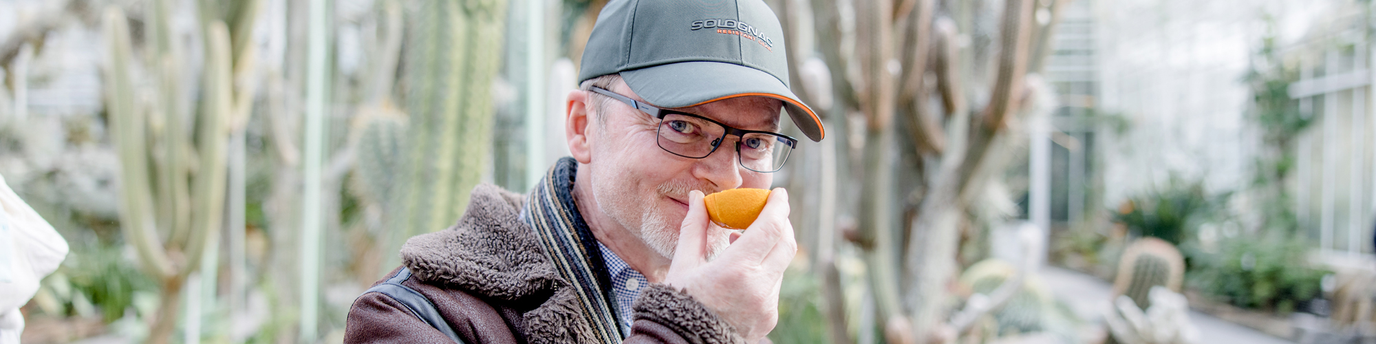 Mann mit Kappe und Brille riecht in einem Gewächshaus an einer orangefarbenen Frucht 