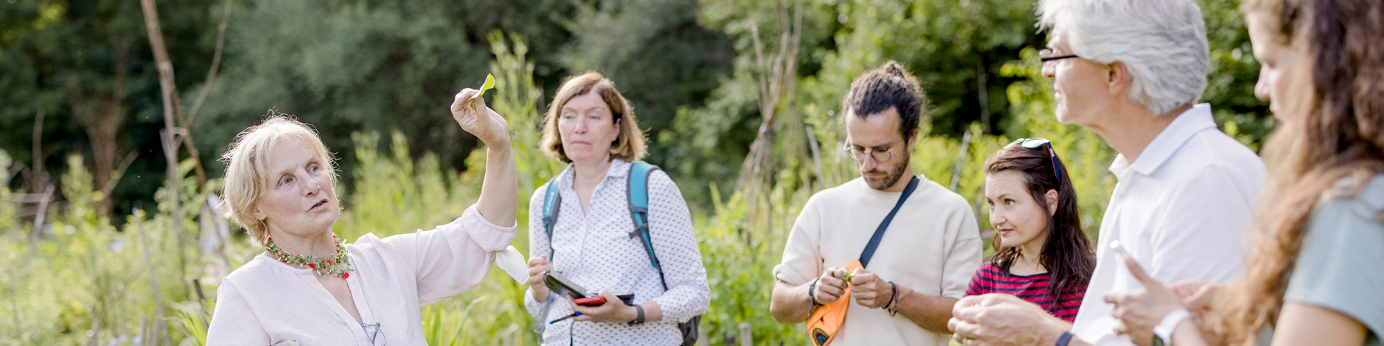 Dozentin erklärt interessierten Teilnehmenden Gartenkräuter