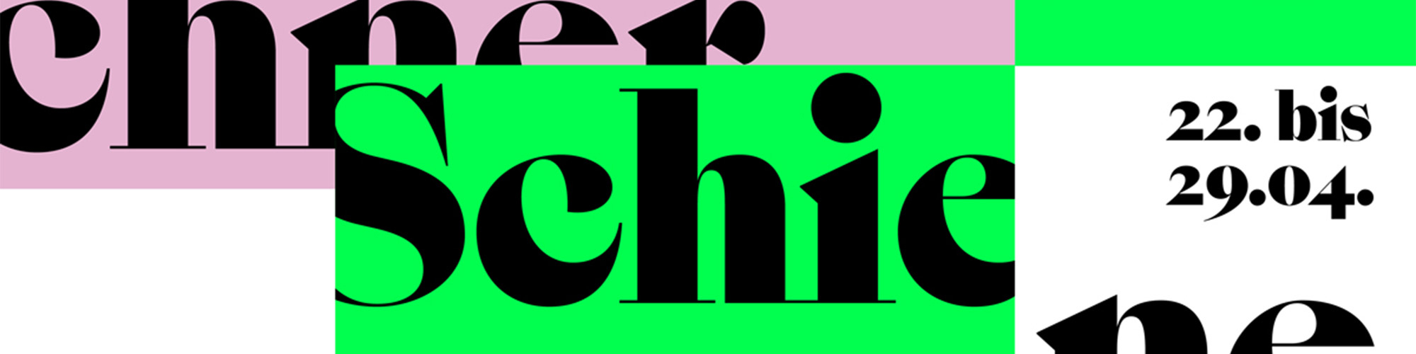 zweifarbige grafische Darstellung mit Buchstaben, die den Titel "Münchner Schiene 22. bis 29.4." erkennen lassen