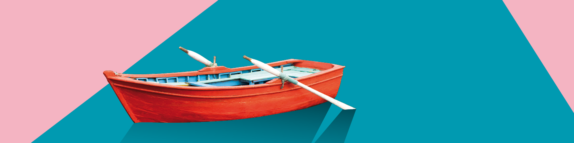 Grafik: rotes Ruderboot vor rosa-türkisem Hintergrund