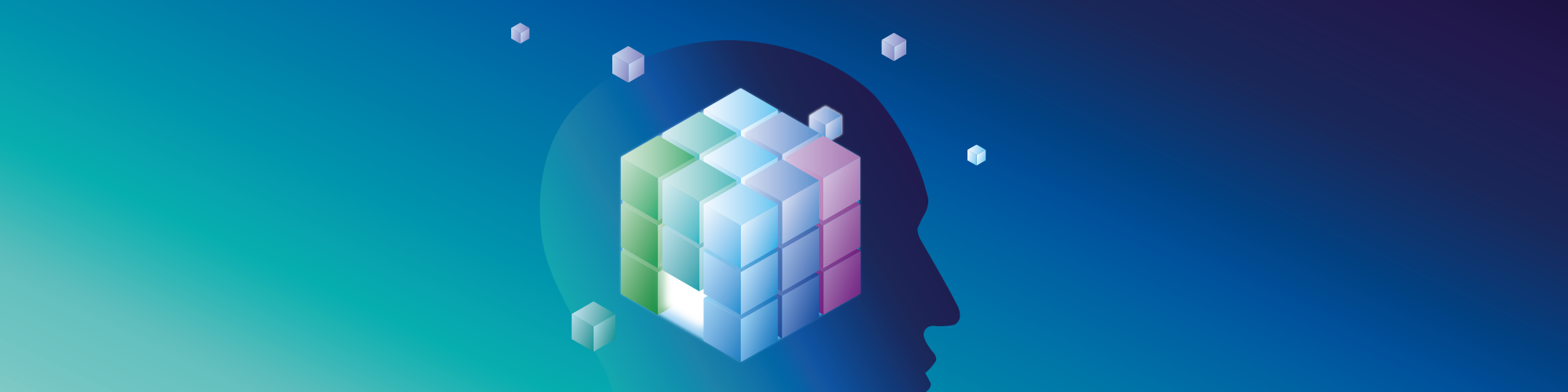 bläulicher Rubik-Würfel vor blauem Schattenkopf